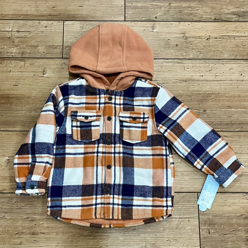 Plaid Hooded Flannel Shacket in Rust, Navy & White